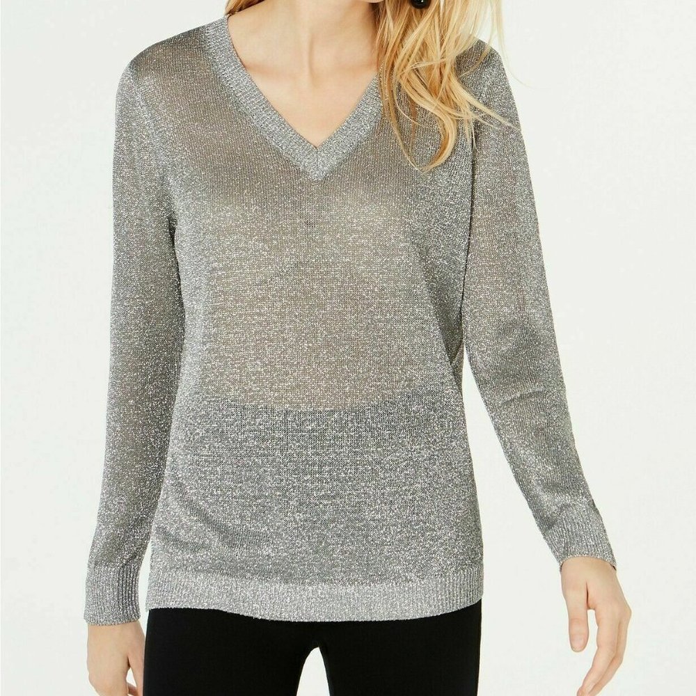 INC Silver V-Neck Pullover Sweater Size M